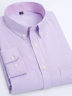 Classic Men's Striped Oxford Shirt with Chest Pocket, Button- Collar, Versatile Long-Sleeve Top for Daily Commute - Light Purple Stripes