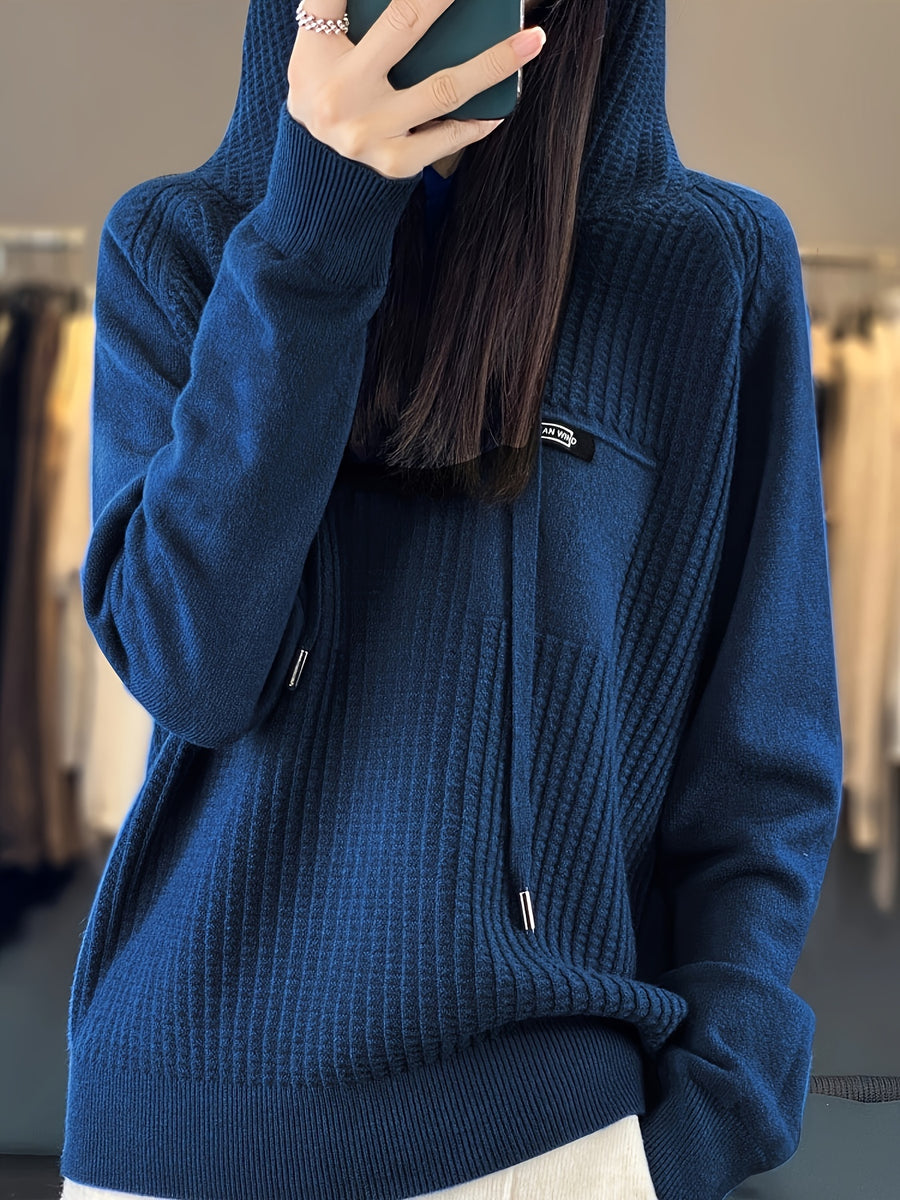 Women's Medium-weight Button-up Hooded Pullover Sweater, Solid Color Long Sleeves, Fashionable Casual Style - Algae Blue