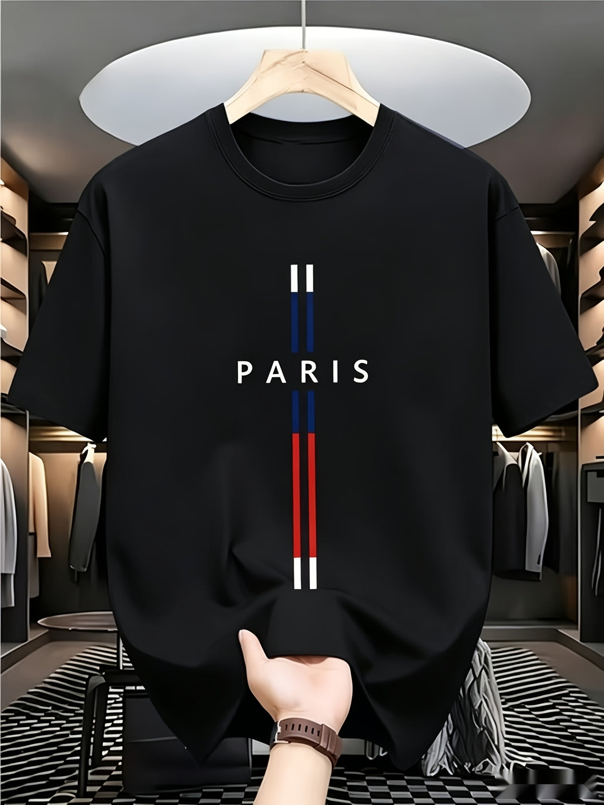 Men'S 2D Novelty Short Sleeve T-Shirt Printed with Minimalist Snowy Paris Elements Pattern, Loose Comfortable Crew Neck, Street Trendy Casual Summer Top, Breathable Fabric - Black