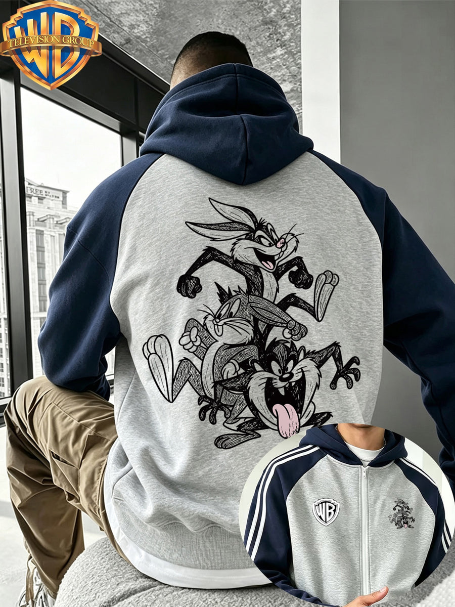 Warner Autumn Winter New Men'S Hooded Jacket Top, Street Trendy Casual All-Match Color-Block Patchwork Top, Classic Bunny Cartoon Print, High Street Trendy Fashion Loose Couple Fashion Sweatshirt, Suitable for Casual Home And Outdoor Sports - Light Twist Gray