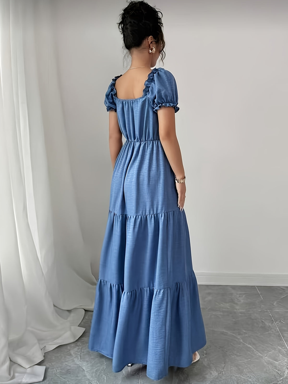 Elegant Daily Casual Women's Long Dress with Unique Neckline, Multi-Layer Patchwork, Ruffle Trim, Slim-Fit Bohemian Style Maxi Dress - Blue