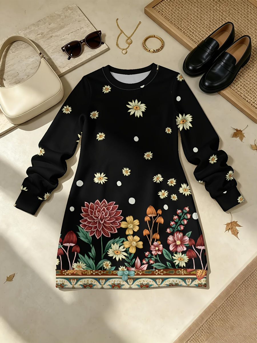 Vintage Floral Border Women'S All Over Print Long Sleeve Dress, Slight Stretch Crew Neck A Line Straight Hem, Versatile for Commute, Home & Dating - Multicolor