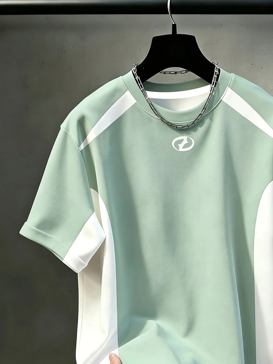 Men's Casual Round Neck T-Shirt, Contrast Color Block Design, All-Season Fashion Top, Breathable Regular Fit for Casual And Formal Wear - Round Neck Casual Top, Comfortable Fit, Gift for Teenager And Adult, Outdoor Activity Shirt, Athletic Style - White