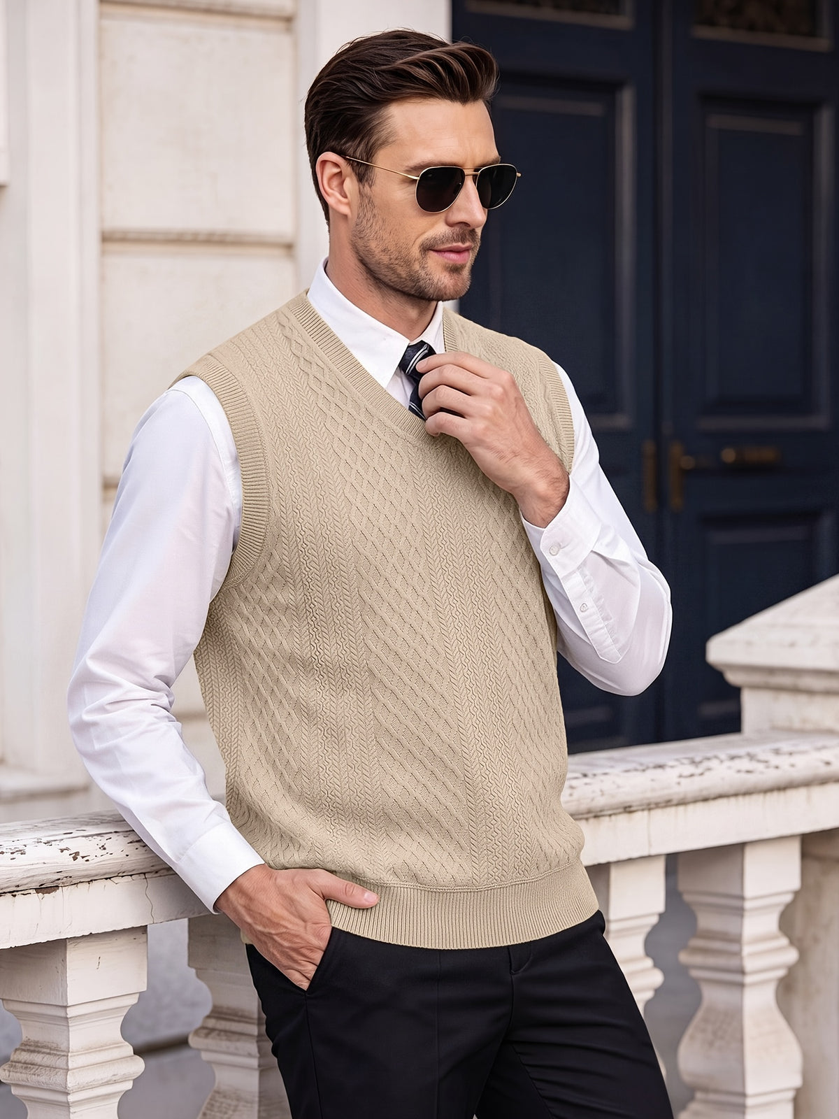 Xingfan OBM Men's Autumn/Winter Light Luxury New Ribbed V-Neck Cable Knit Vest, Rhombus Jacquard Sleeveless Sweater Cardigan, Business Gentleman's Layering Knit Top. Soft and Warm Knitted Fabric, Vintage Three-dimensional Cable Knit Rhombus Texture - Khaki