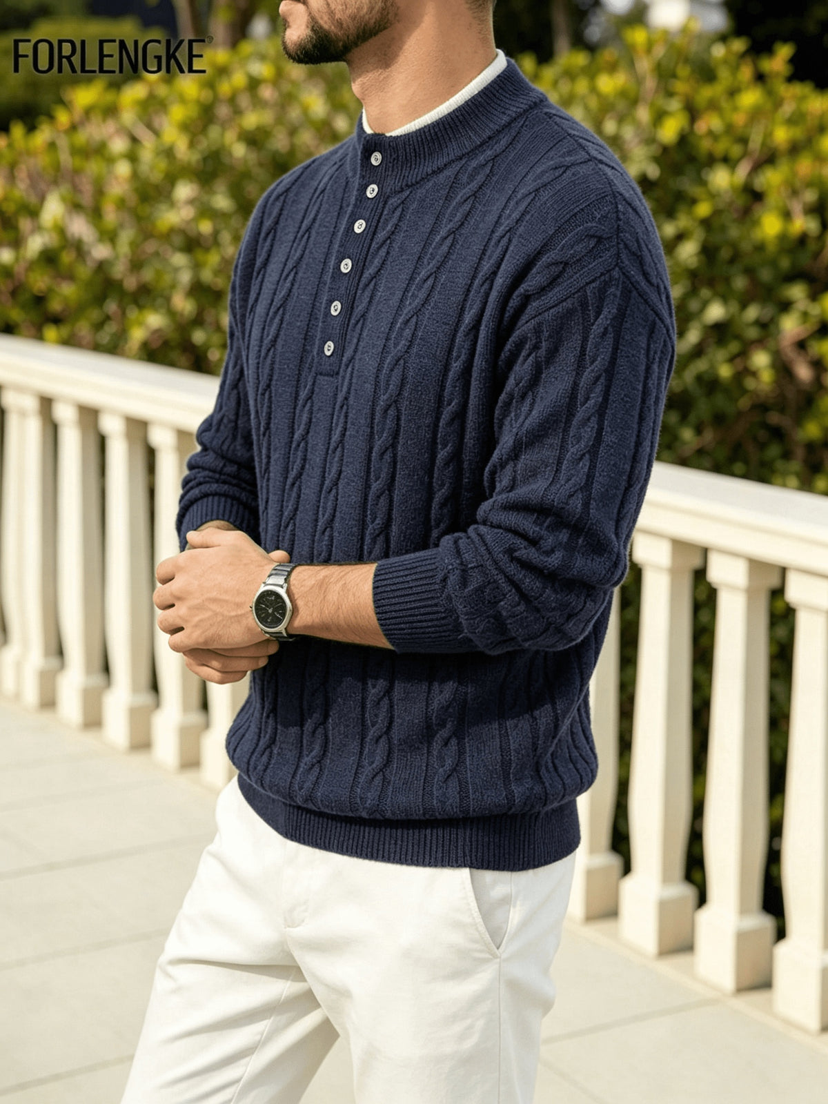 FORLENGKE Autumn and Winter Men's Henry Collar Cable Knit Sweater with a Vintage 3D Twist Texture, Half-High Neck Long Sleeve Pullover, Exquisite Half-Button Design, Perfect for Casual Layering or Wearing Alone for Everyday Outings or Dates - Navy Color
