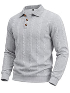 1pc Men's Striped Jacquard Long-Sleeve Polo Shirt, Autumn/Winter Textured Vintage Style Outdoor Casual Henley Top - Grey