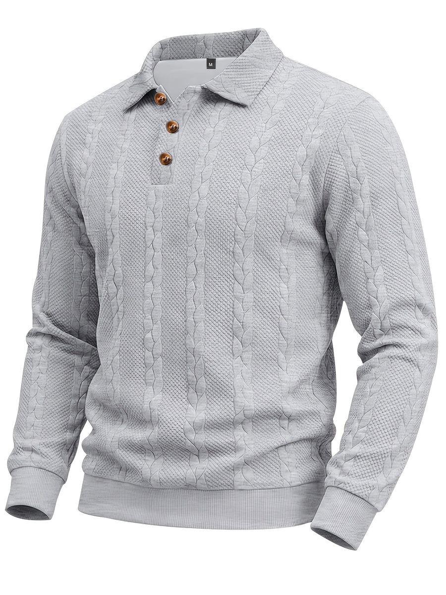 1pc Men's Striped Jacquard Long-Sleeve Polo Shirt, Autumn/Winter Textured Vintage Style Outdoor Casual Henley Top - Grey