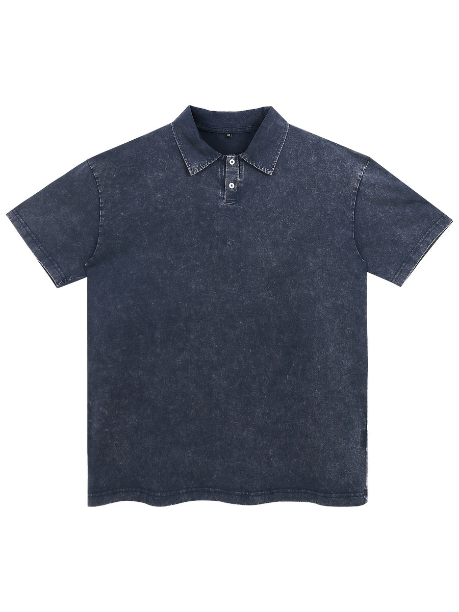 New American Hip-Hop Punk Style Washed Black Short Sleeve Lapel Loose Polo T-Shirt for Men And Women - Retro Distressed Design, Lightweight And Breathable Fabric, Streetwear Trendy Loose Polo Top, Suitable for Casual Wear And Outdoor Activities - Purplish Blue