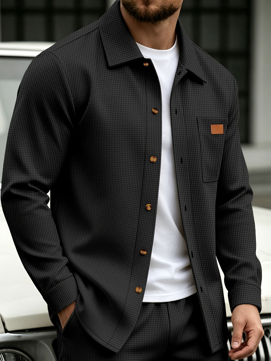 Men'S Waffle Knit Button-Up Shirt for Autumn/Winter, Lapel Pocket Long Sleeve Shirt Jacket, Casual Streetwear Loose Lightweight Casual Shirt Jacket - Black