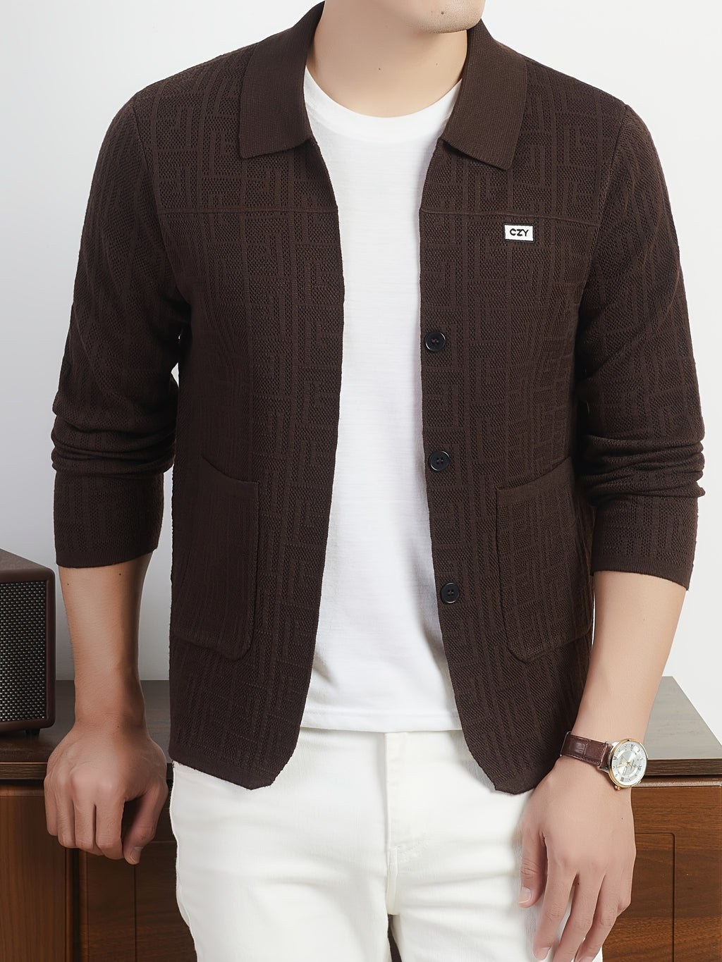Du Jing Lan OBM Autumn/Winter New Arrival Men's Knit Cardigan, Old Money Style Solid Color Open Front Button-Up Lapel Long Sleeve Knit Cardigan, Men's Business Casual Fashion Open Front Knit Base Layer Top, Suitable for Layering in Spring - Coffee Brown