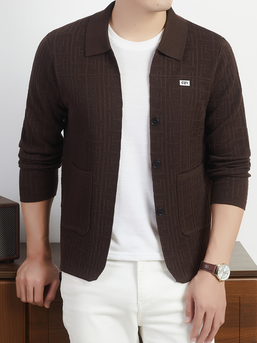 Du Jing Lan OBM Autumn/Winter New Arrival Men's Knit Cardigan, Old Money Style Solid Color Open Front Button-Up Lapel Long Sleeve Knit Cardigan, Men's Business Casual Fashion Open Front Knit Base Layer Top, Suitable for Layering in Spring - Coffee Brown