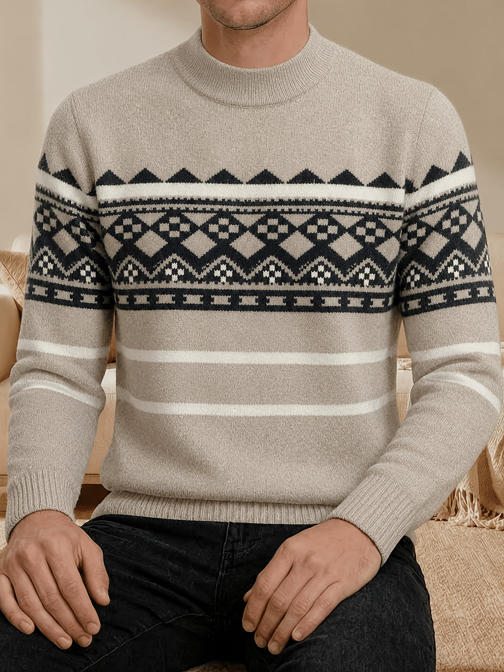 [Wading Whale OBM] Spring/Autumn New Men'S Knit Pullover Sweater, Old Money Style Contrast Color Round Neck Long Sleeve Ribbed Sweater, Men'S Business Casual Fashion Pullover, Suitable for Spring, Autumn, Winter Layering Or Inner Wear - Dark Khaki