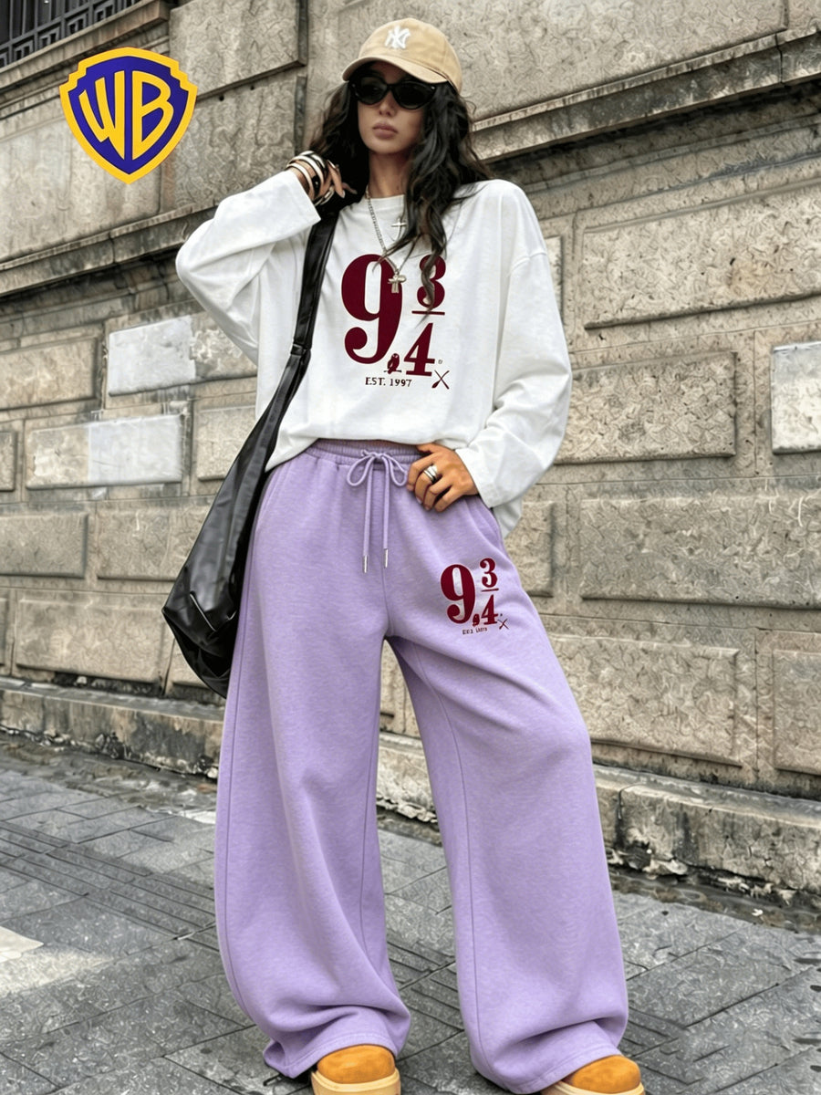 Harry Potter Platform 9¾ Print Set for Women, Korean Style Lazy Loose Fit Versatile T-Shirt + Casual Loose Versatile Floor-Length Straight-Leg Pants 2pcs Set - White+Purple