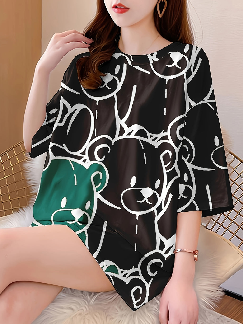 Summer New Large Size Loose Fashion Trend Slim Cartoon Round Neck Print Ladies Women'S Medium And Long Short-Sleeved T-Shirt Clothes - K176-B