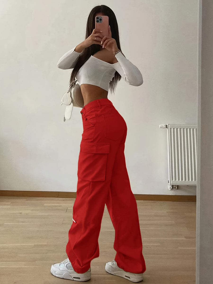 Designer Cargo Pants with Flap Pockets, Women's Elegant Casual Solid-color Trousers, Women's Pants - Red