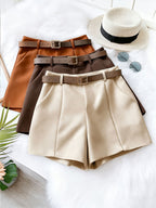 Fashionable Loose-Fit Versatile Shorts, Comfortable Wide-Leg Women's Shorts for Home or Outdoor Wear, 3pcs Set with Belt - Apricot + Brown + Caramel