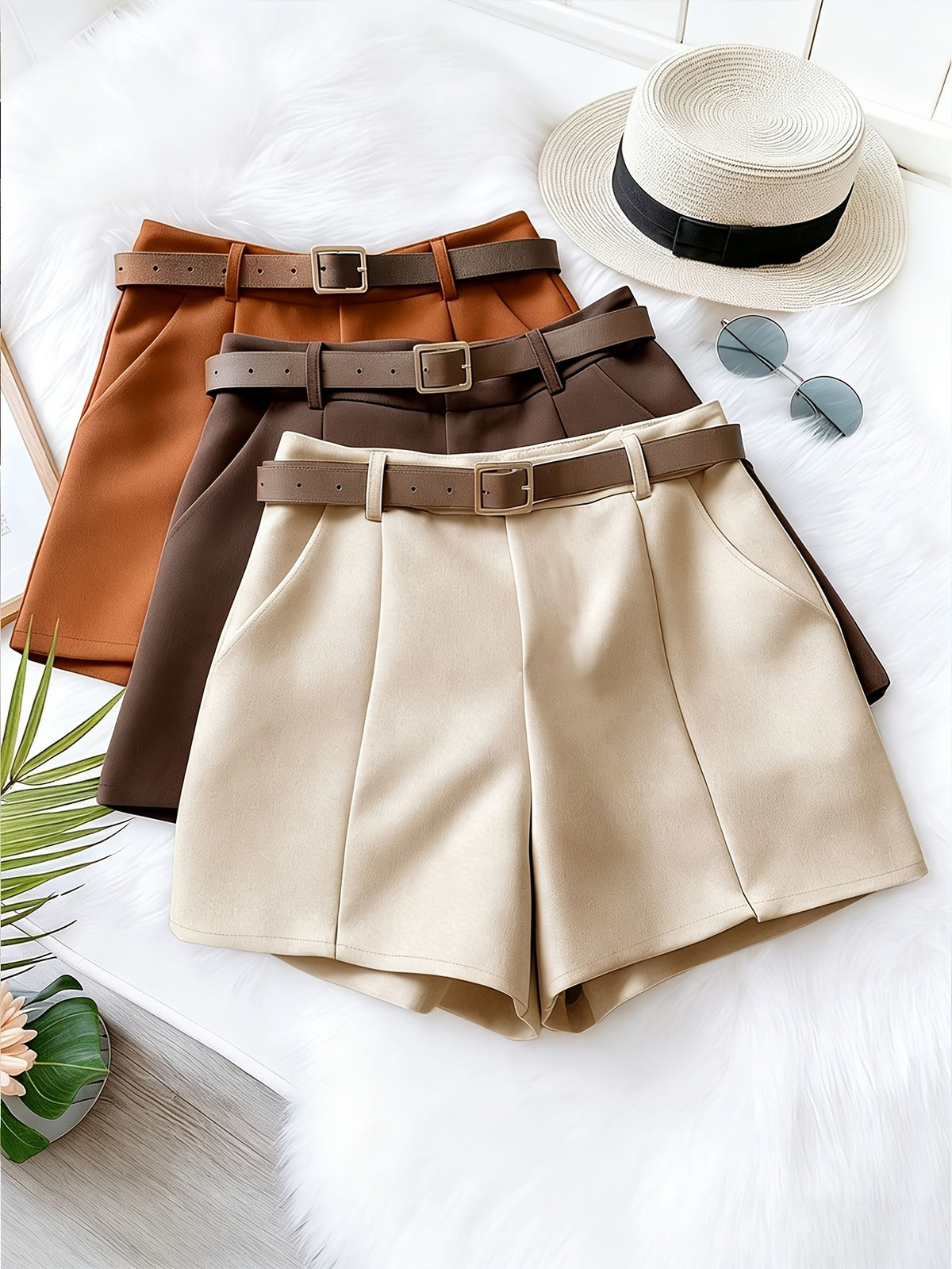 Fashionable Loose-Fit Versatile Shorts, Comfortable Wide-Leg Women's Shorts for Home or Outdoor Wear, 3pcs Set with Belt - Apricot + Brown + Caramel