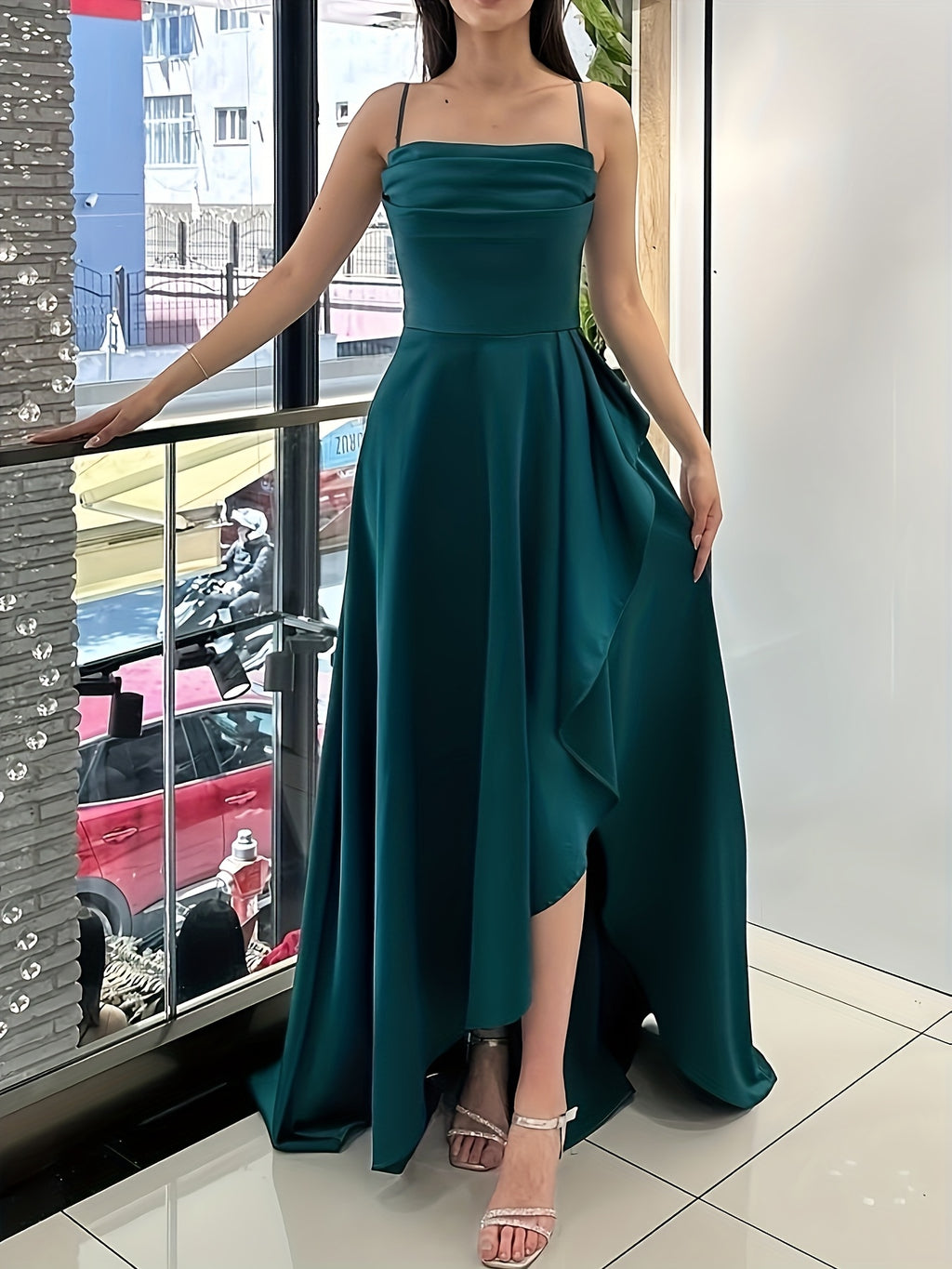 Elegant Women's Green Satin Spaghetti Strap Wrap Neckline Ruffle Hem Back Tie Slit Dress for Banquets, Parties, Weddings, and Bridesmaid Attire - Dark Green