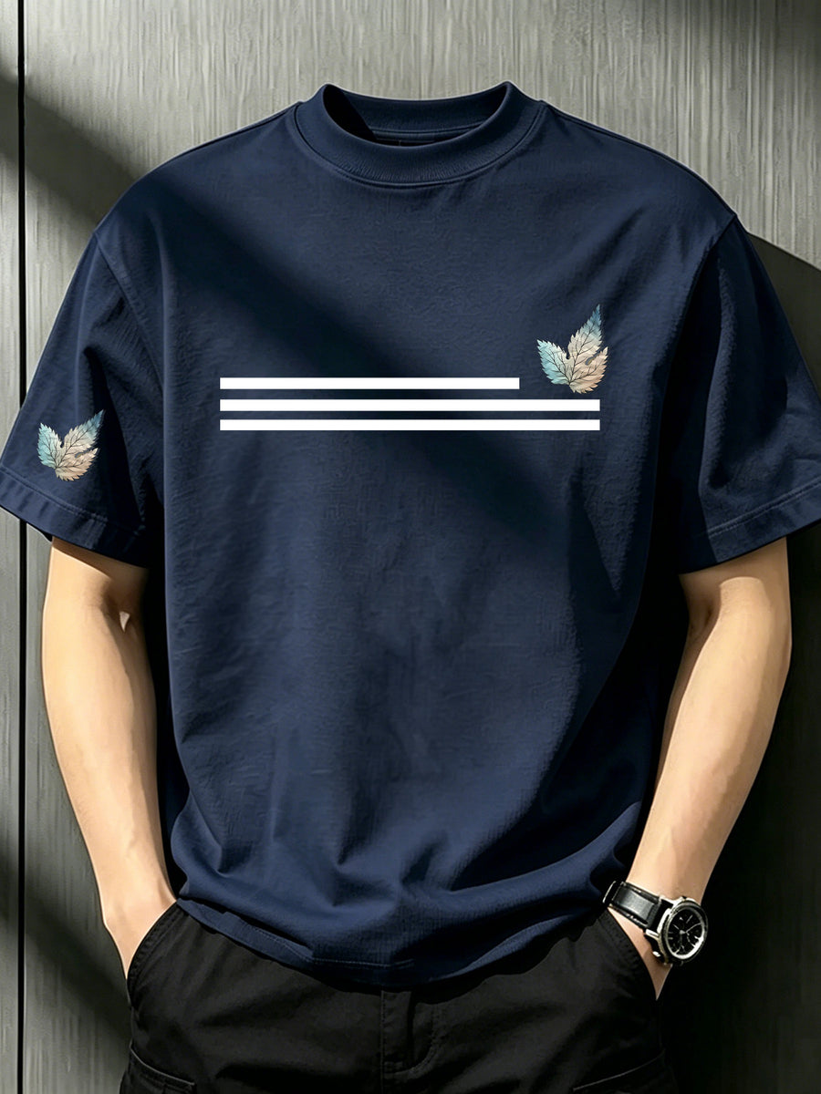Men's Crew Neck Short-Sleeve T-Shirt, Horizontal Stripe & Vintage Light-Blue Leaf Dual-Print on Chest and Sleeve, White Loose Casual Top, Fresh Art-Style Breathable Summer Base Tee for Daily Wear - Navy Color
