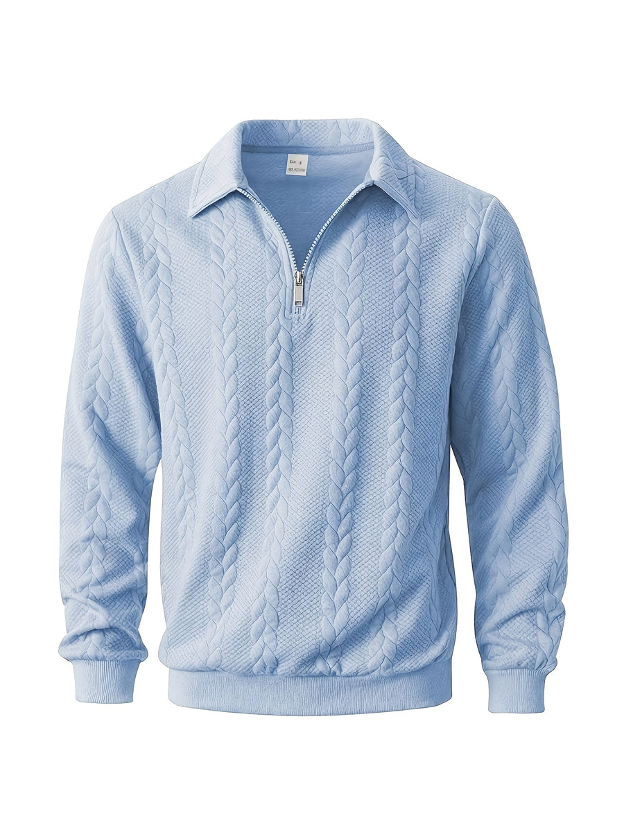Men's Lapel Jacquard Knit Sweater for Spring, Autumn, and Winter, Casual Long-Sleeve Half-Open Front Zipper Fashionable Versatile Knit Outerwear Sweatshirt - Sky Blue
