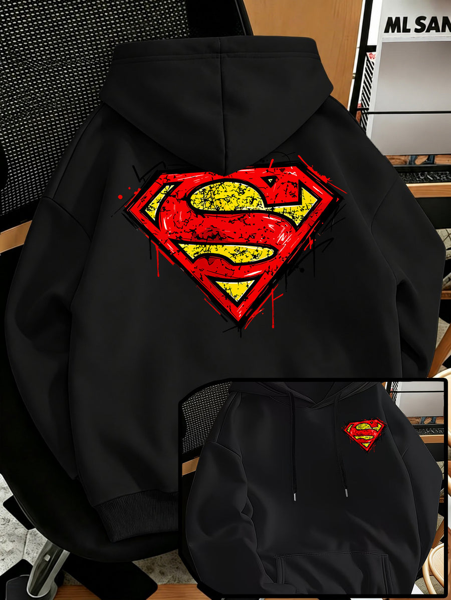 Men'S Fashion Sweatshirt, Retro Distressed Cracked Graffiti Superman Logo Print Design, Men'S Trendy Hoodie Loose Fit, Adjustable Drawstring, Fleece-Lined Sweatshirt Comfortable Fall Winter Wear, Outdoor Sports Casual Trendy Clothing - Black