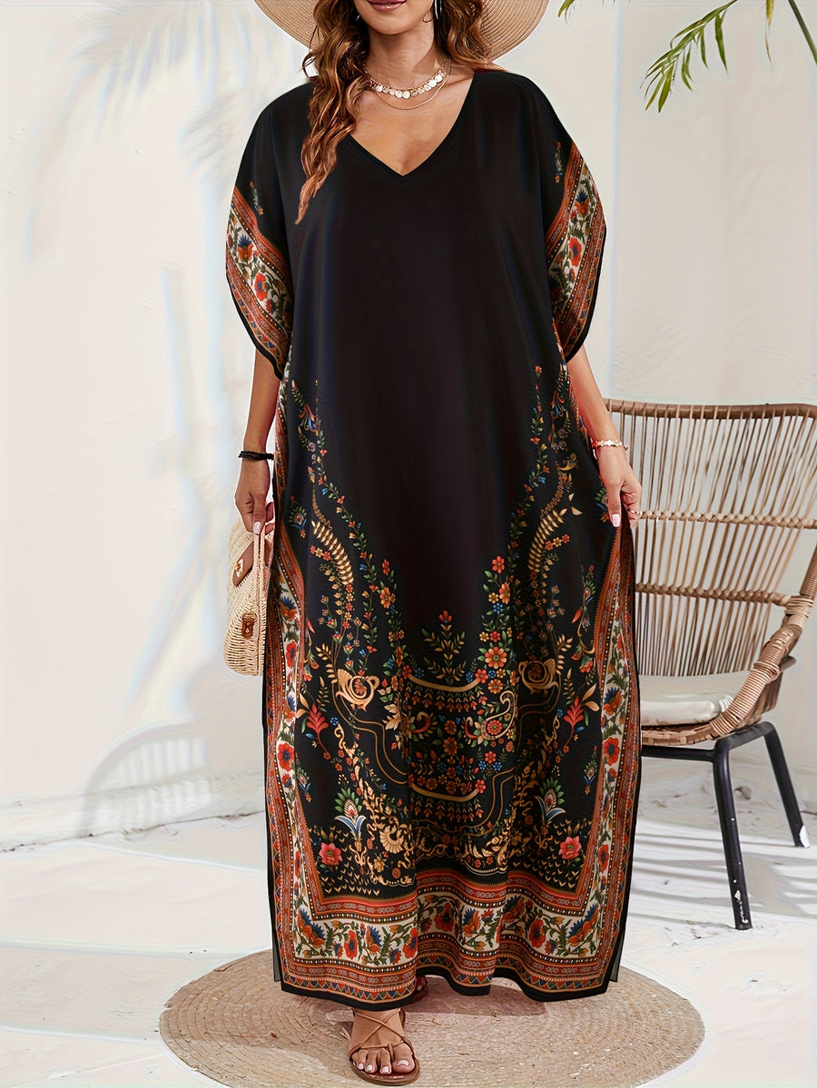 Women'S Middle Eastern Style V-Neck Floral Muslim Abaya, Bohemian Beach Casual Dress - Mixed colors