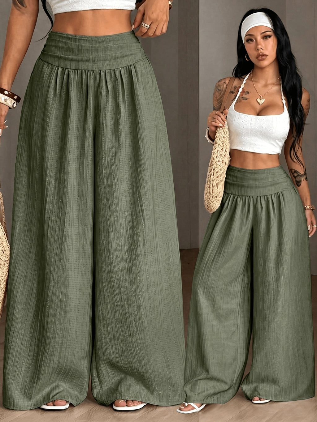 Women's Autumn/Winter Elegant Casual Vacation Solid Color Loose Textured Wide-Leg Pants - Olive Green