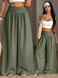 Women's Autumn/Winter Elegant Casual Vacation Solid Color Loose Textured Wide-Leg Pants - Olive Green