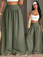 Women's Autumn/Winter Elegant Casual Vacation Solid Color Loose Textured Wide-Leg Pants - Olive Green