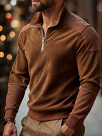 ROYALBOY New Men's Casual Autumn/Winter Heavyweight Corduroy Half-Zip Stand Collar Sweatshirt, Color-Block Patchwork Long-Sleeve Pullover, American Vintage Style Casual Top - Coffee Color