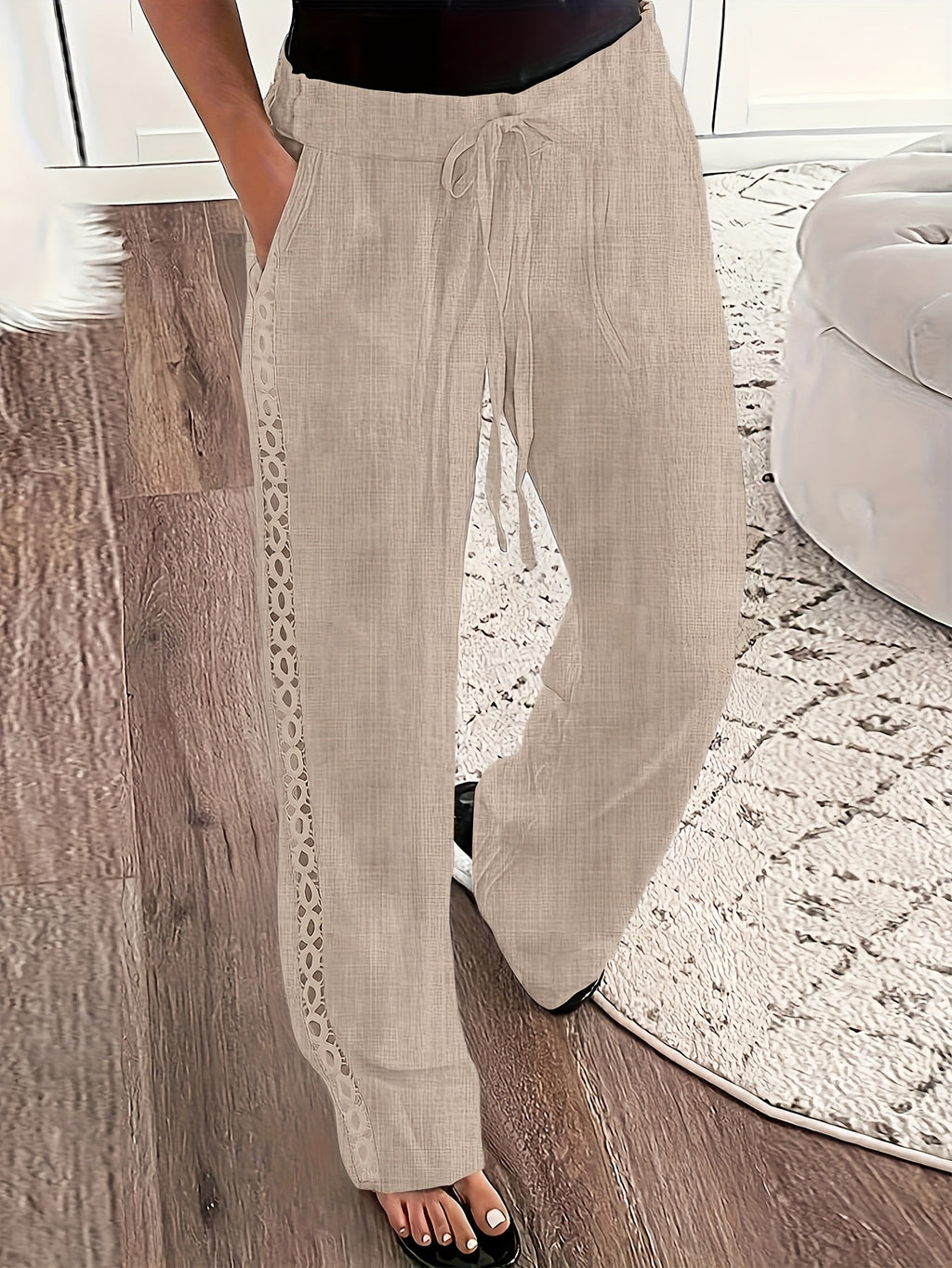 Spring-Summer Solid Color Fashion Casual Side Seam Lace Pants - Apricot