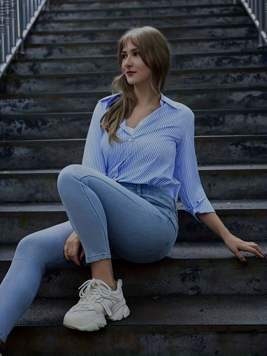 Elegant Striped Button- Shirt for Women - Stylish Long Sleeves, Lightweight Polyester Fiber, Versatile Blue with White Stripes, Ideal for Spring/Summer - Sky Blue