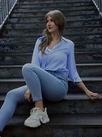 Elegant Striped Button- Shirt for Women - Stylish Long Sleeves, Lightweight Polyester Fiber, Versatile Blue with White Stripes, Ideal for Spring/Summer - Sky Blue