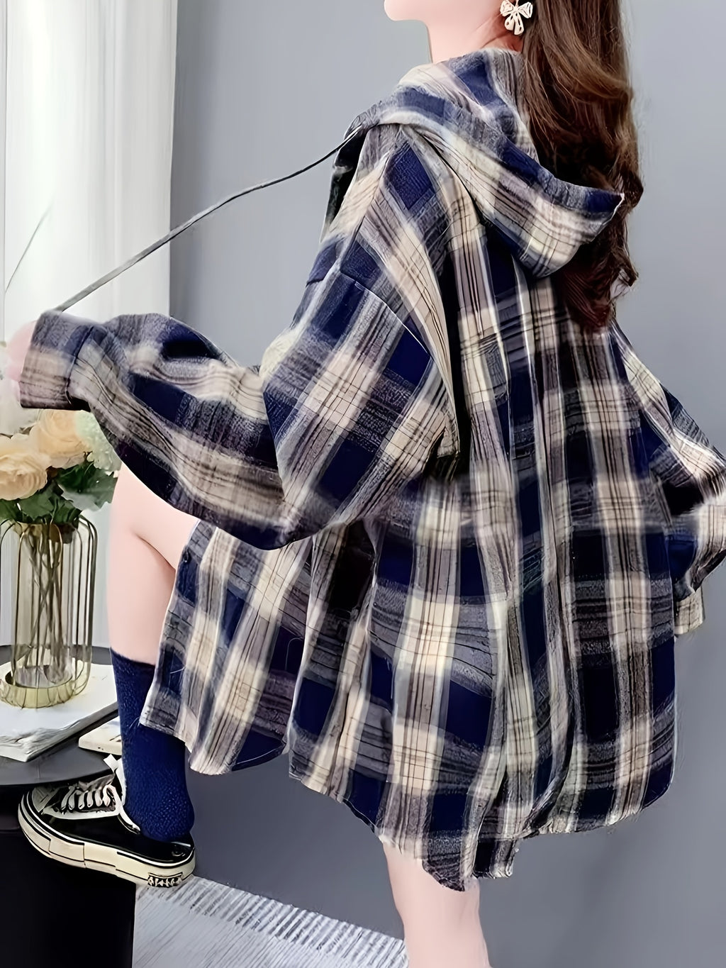 Hooded Mid-Length Plaid Shirt Jacket Women'S Spring And Autumn New Loose High-End Long-Sleeved Cardigan Top, Casual Outing - Mixed colors