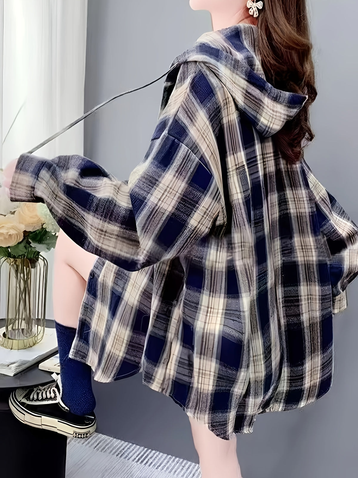 Hooded Mid-Length Plaid Shirt Jacket Women'S Spring And Autumn New Loose High-End Long-Sleeved Cardigan Top, Casual Outing - Mixed colors