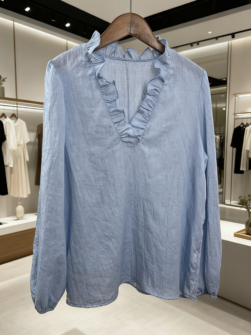 Women's Elegant and Comfortable Loose-Fit Vintage Style Ruffle V-Neck Lantern Sleeve Shirt, Versatile Top for a Feminine Look - Sky Blue