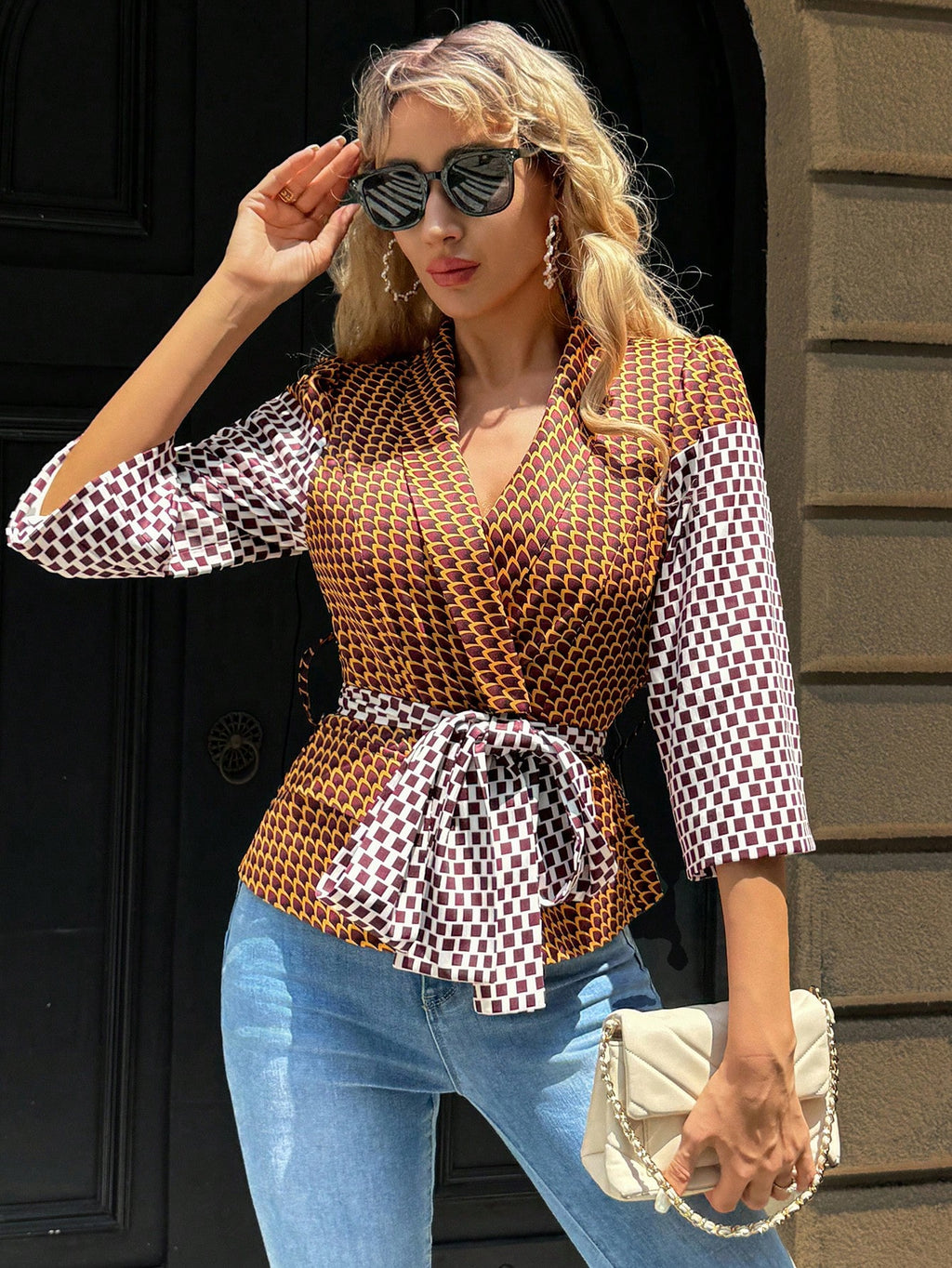 Women's Short Printed Tie-Waist Lapel Notch Collar Patchwork Fashionable  Blazer - Multicolor