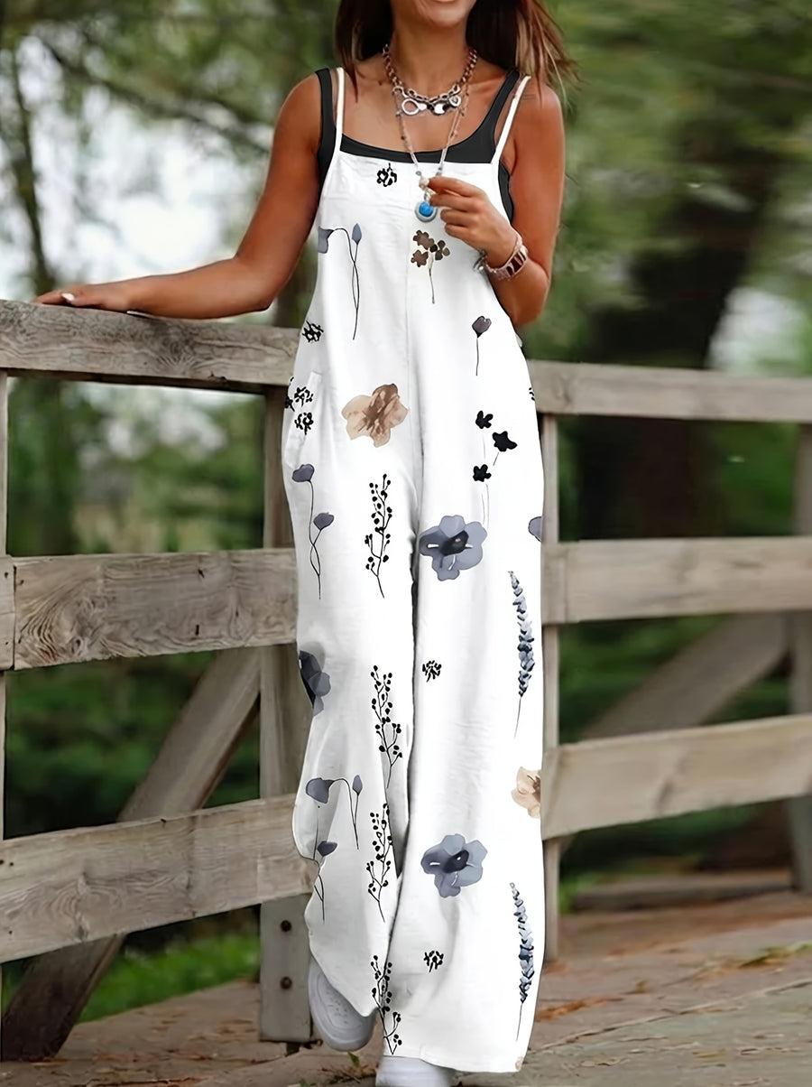 Ink Wash Floral Summer Loose Fit Wide-Leg Long Pants, Artistic Casual Versatile Women's Jumpsuit E0213 - Mixed colors