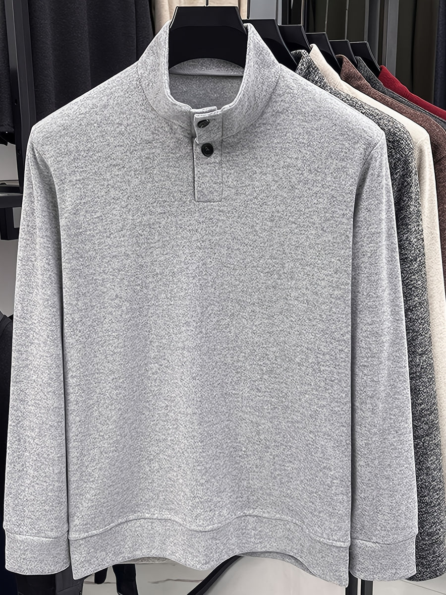 Men's Floral Yarn Stand Collar Long Sleeve Top, Multi-Color Options for Autumn, Half-Button Pullover Base Layer, Fine, Skin-Friendly, and Comfortable Fabric, Suitable for Business Commuting and Business Trips, Loose and Casual Men's Wear for Fishing - Light Grey