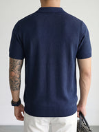Men's Breathable Knit Short Sleeve Shirt - Vertical Stripe Color Block V-Neck Lapel Collar, Sheer Yet Opaque Mesh Golf & Business Casual Suitable for Golfing, Office, Semi-Formal Wear - Machine Washable Year-Round Versatile Top - Navy Color