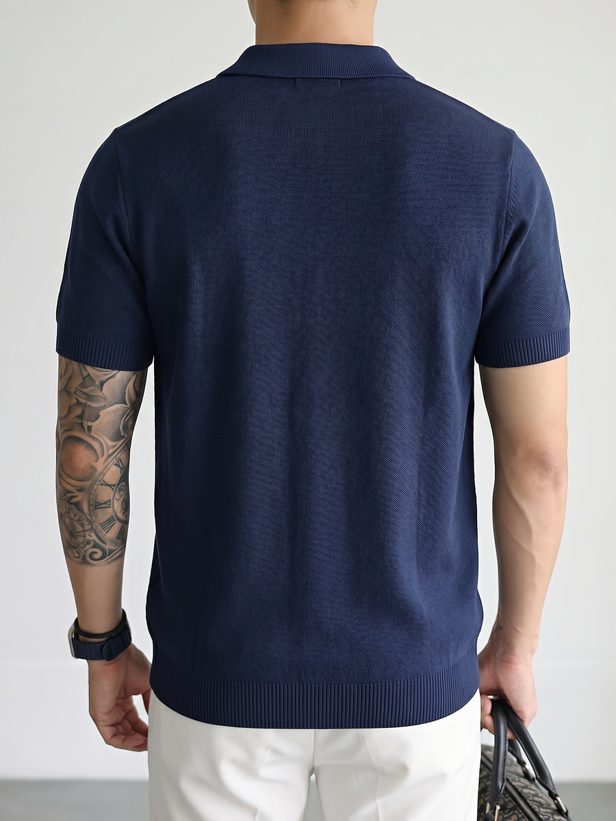 Men's Breathable Knit Short Sleeve Shirt - Vertical Stripe Color Block V-Neck Lapel Collar, Sheer Yet Opaque Mesh Golf & Business Casual Suitable for Golfing, Office, Semi-Formal Wear - Machine Washable Year-Round Versatile Top - Navy Color
