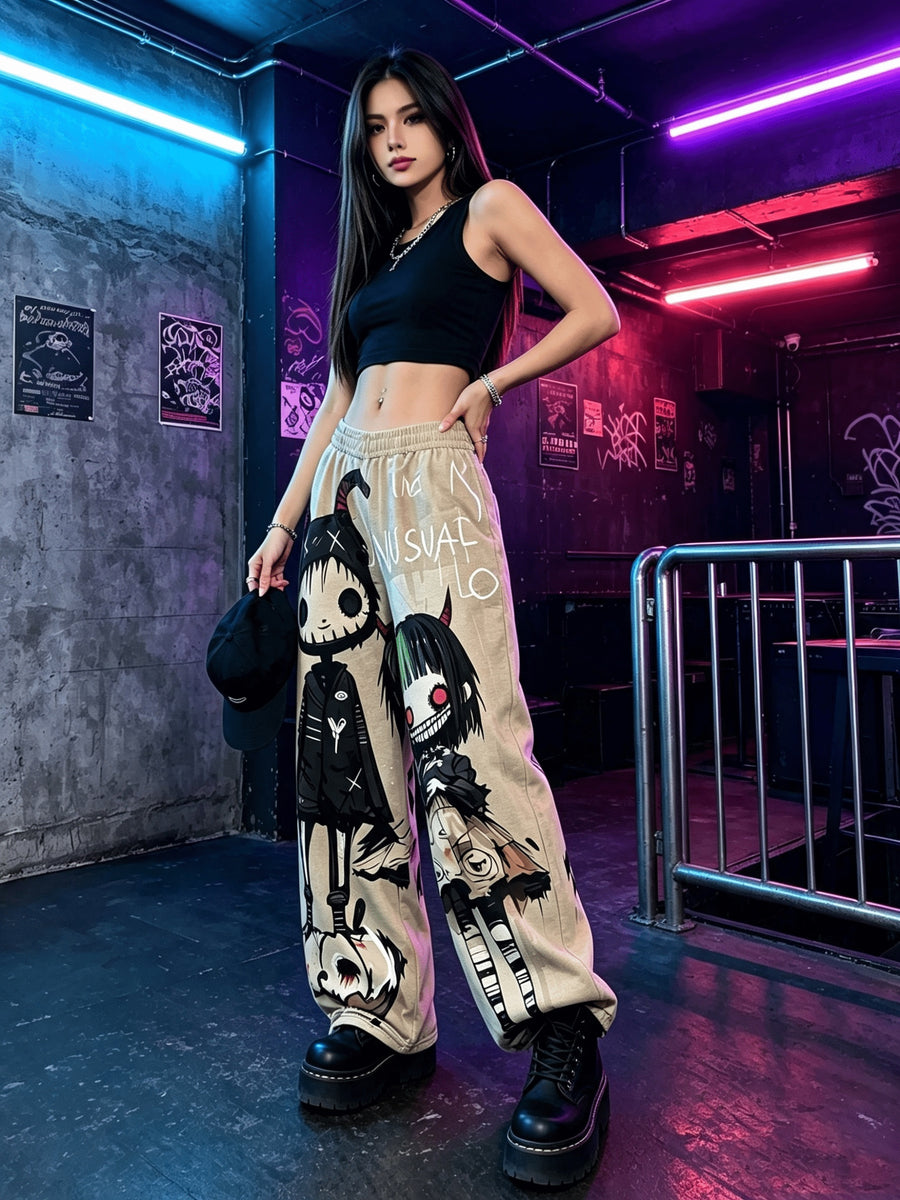 Women'S Digital Print Spring Summer Autumn Retro Horror Doll Cartoon Printed Women'S Trousers, Punk Y2K Subculture Loose Drapey Wide-Leg Pants - Apricot