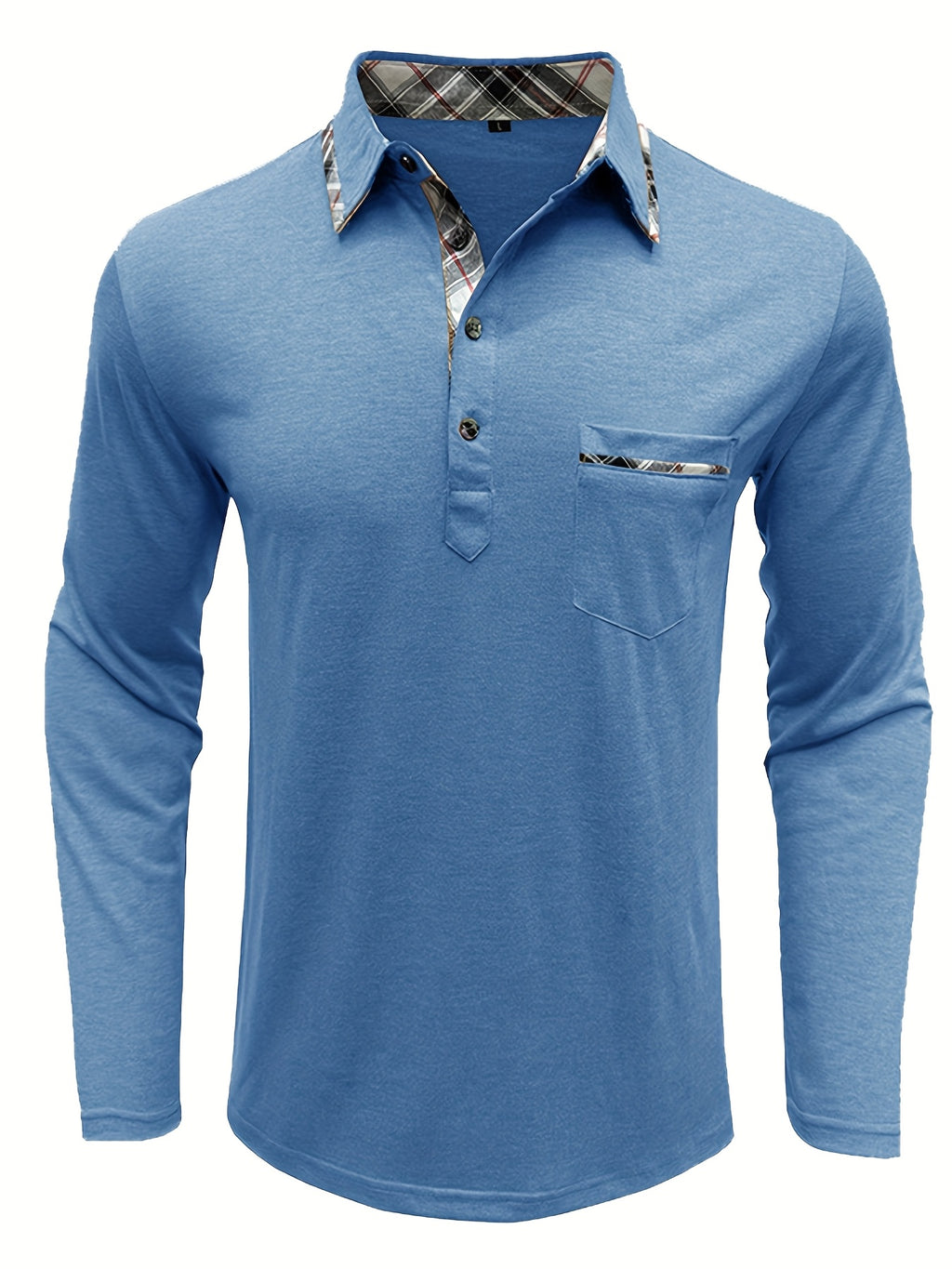 Spring and Autumn Fashion Men's Lapel Pocket Polo Shirt, Solid Color Casual Commuter Pocket Top - Sky Blue