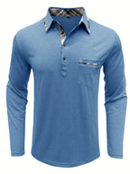 Spring and Autumn Fashion Men's Lapel Pocket Polo Shirt, Solid Color Casual Commuter Pocket Top - Sky Blue