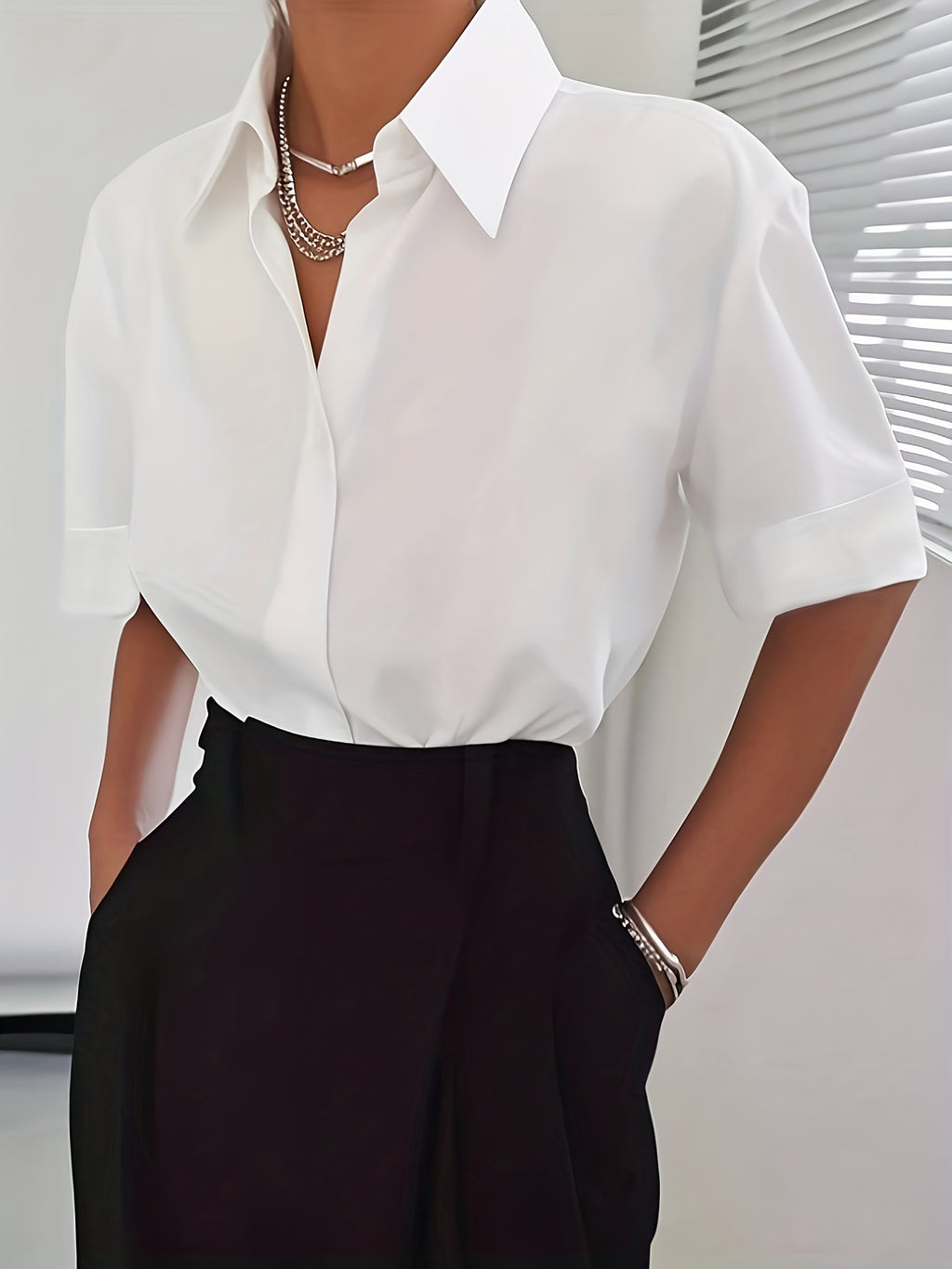 Women's Solid Color Elegant Neckline Short Sleeve Shirt - White