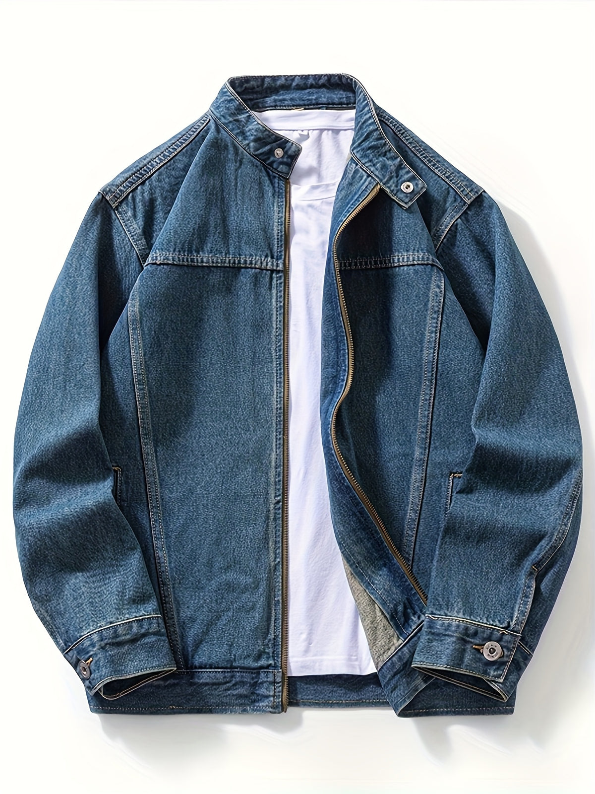 951# Washed Drop Shoulder Zipper Denim Jacket Plus Size Men's Denim Jacket - Navy Color