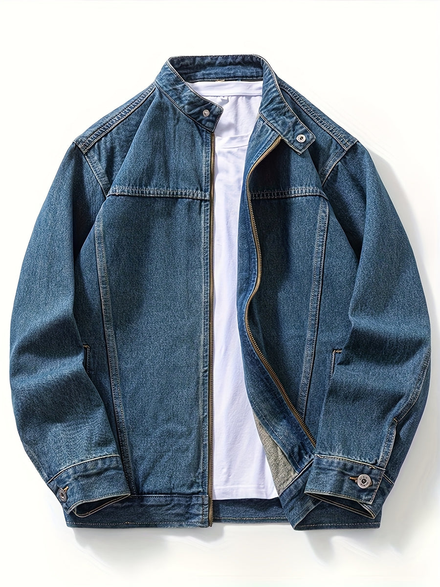 951# Washed Drop Shoulder Zipper Denim Jacket Plus Size Men's Denim Jacket - Navy Color