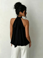 Women's Elegant Halter Neck Tie-Back Semi-Sheer Lightweight Top - Black