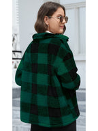 Plaid Print Patched Pockets Teddy Coat, Versatile Long Sleeve Single Breasted Winter Outwear, Women's Clothing - Dark Green