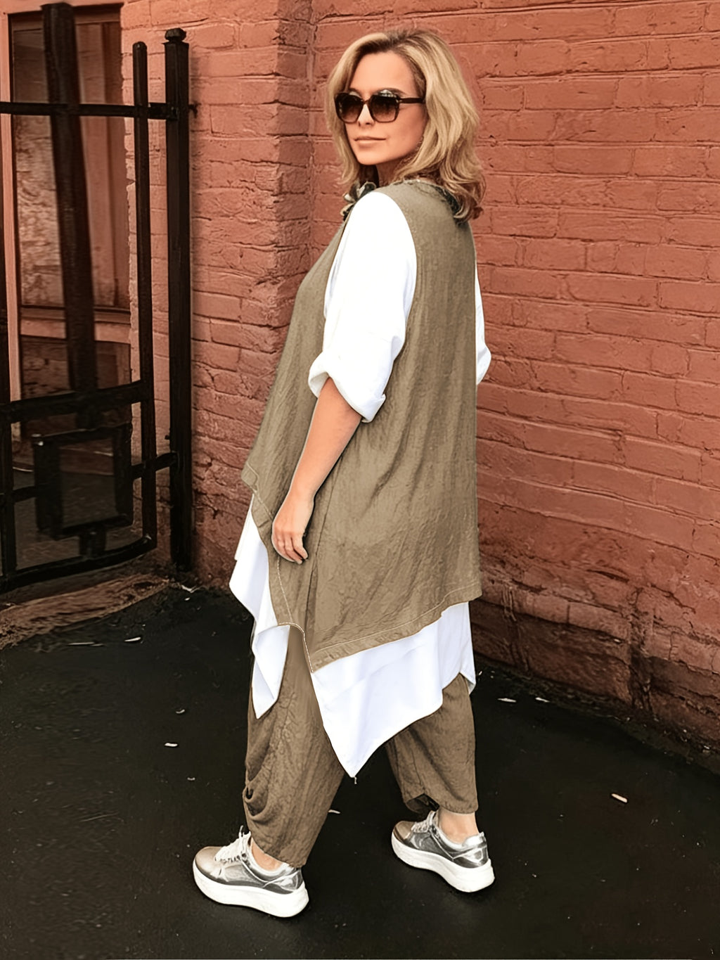Plus Size, Plus Size Ethnic 2pcs Outfit, Color Block Spliced Mid-length Top + Pleated Cuff Harem Pants, Breathable Imitation Casual Set - Khaki
